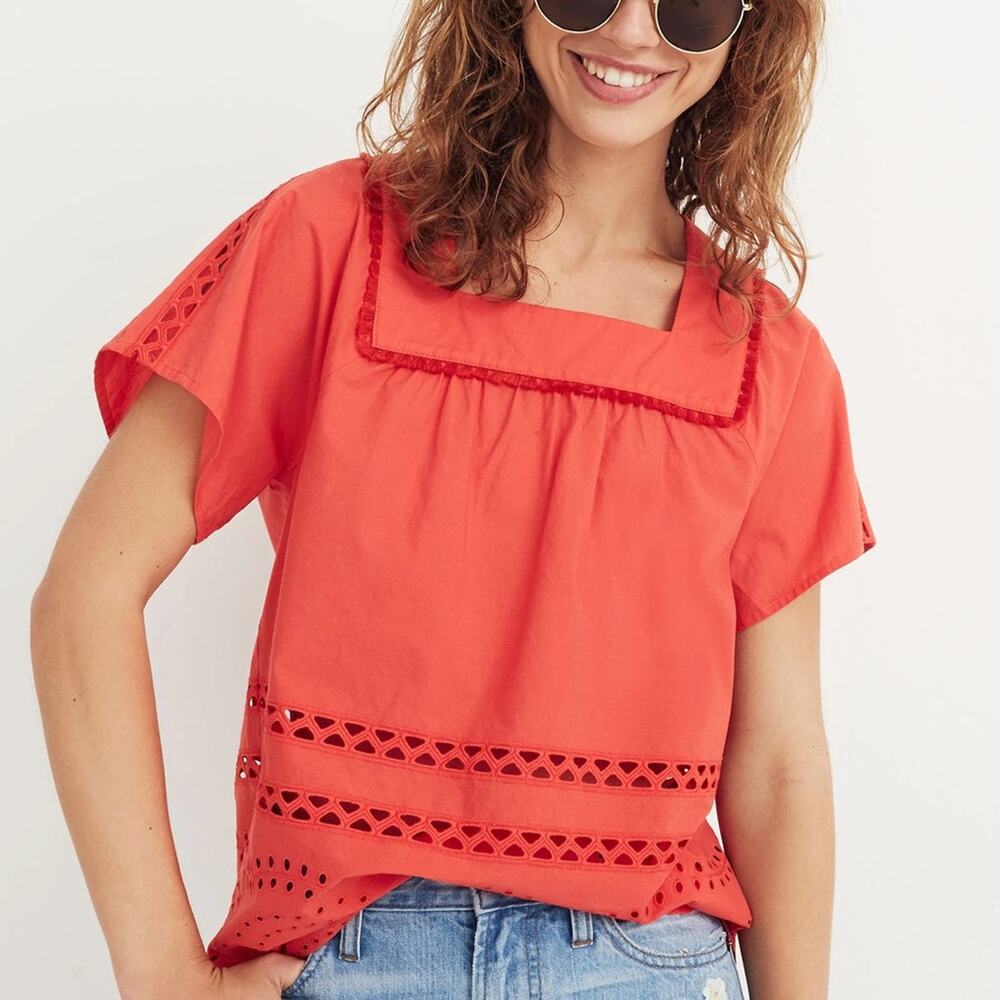 Madewell Eyelet Angelica Top Coral Red Flowy Blouse Shirt Square Neck XS